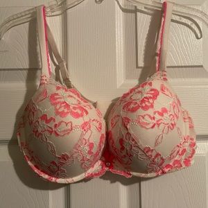 White and hot pink lace covered padded bra